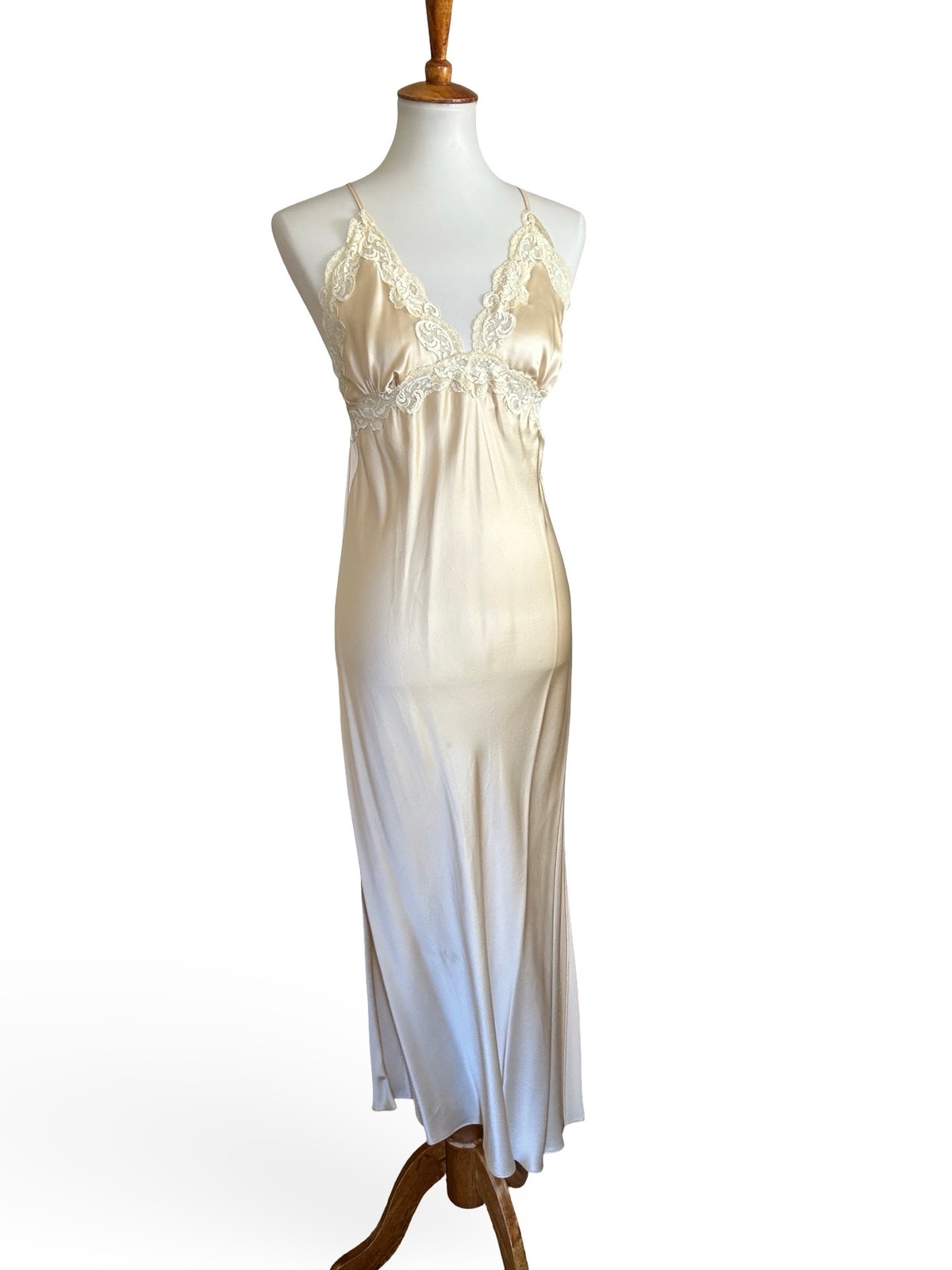 Christine Vancouver Silk Nightgown Slip Dress M Nude Pink Low Back Lace Slit Y2k